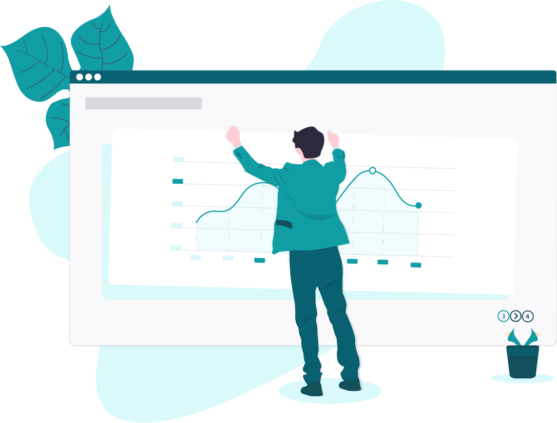 Illustrasjon av person foran skjerm med statistikk