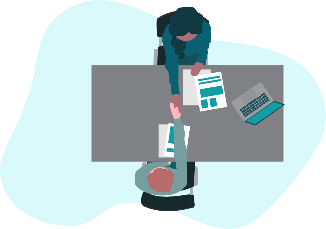 Illustrasjon. To personer tar hverandre i hendene over ett bord